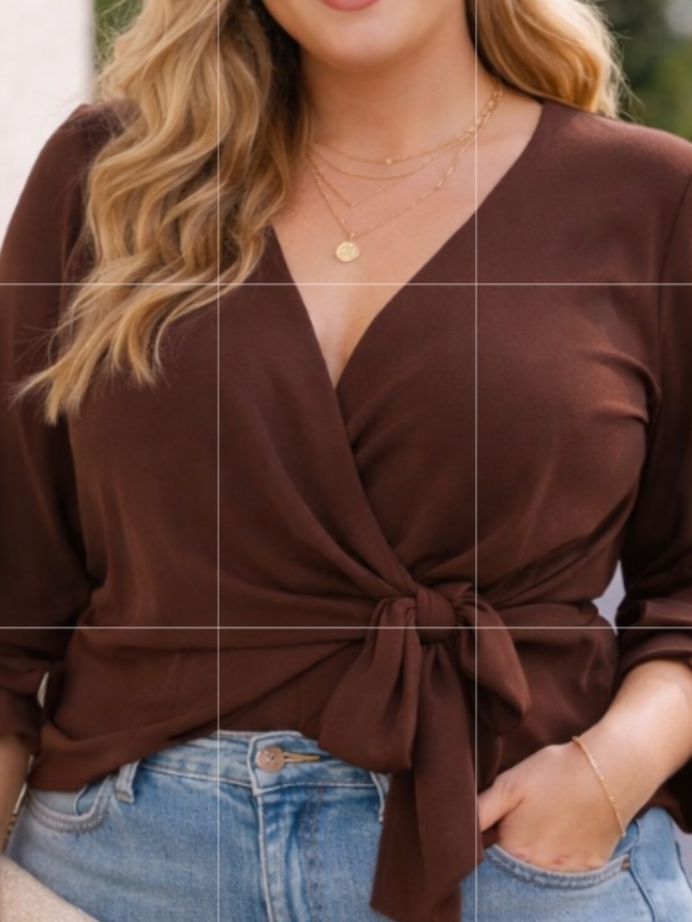 LIVD Size 1X Women's Brown Asymmetrical Bell Sleeve Wrap Top